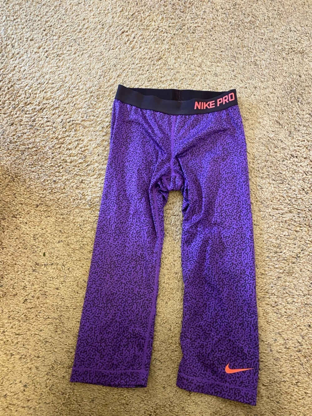 Nike Purple Patterned Pro Leggings with Pink Swoosh